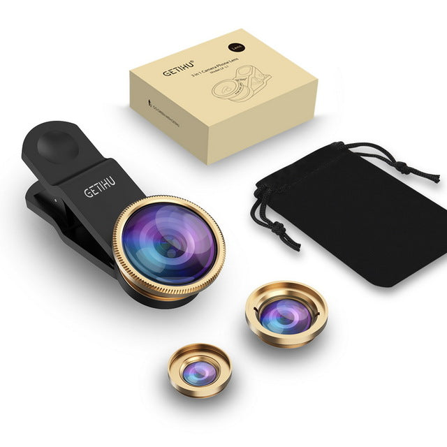 Universal 3 in 1 Wide Angle Macro Fisheye Camera Lens - Gold with Packing - easy - Trendences ~