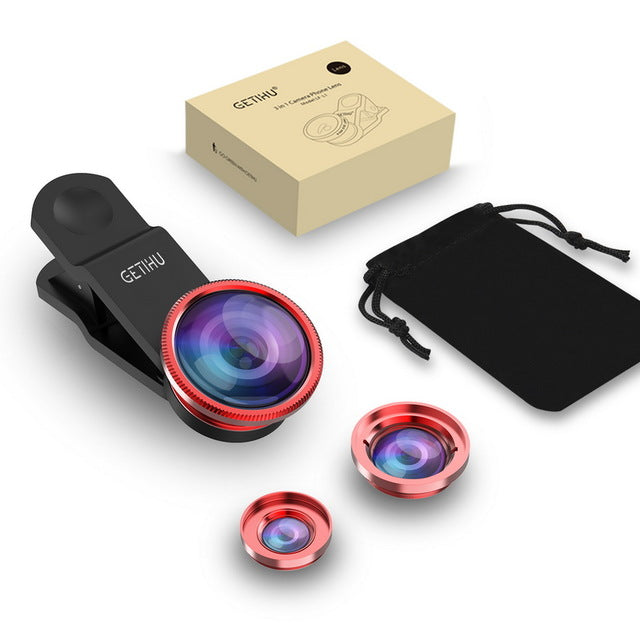Universal 3 in 1 Wide Angle Macro Fisheye Camera Lens - Red with Packing - easy - Trendences ~