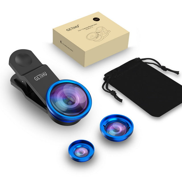 Universal 3 in 1 Wide Angle Macro Fisheye Camera Lens - Blue with Packing - easy - Trendences ~